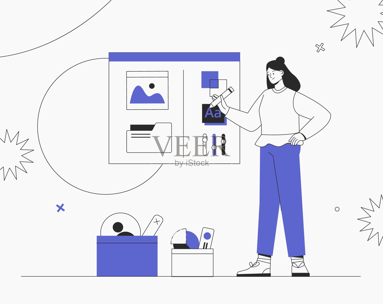 设计新产品或改进现有产品的女性。商业头脑风暴，UI UX设计理念创建一个应用程序。平面风格矢量插图。插画图片素材