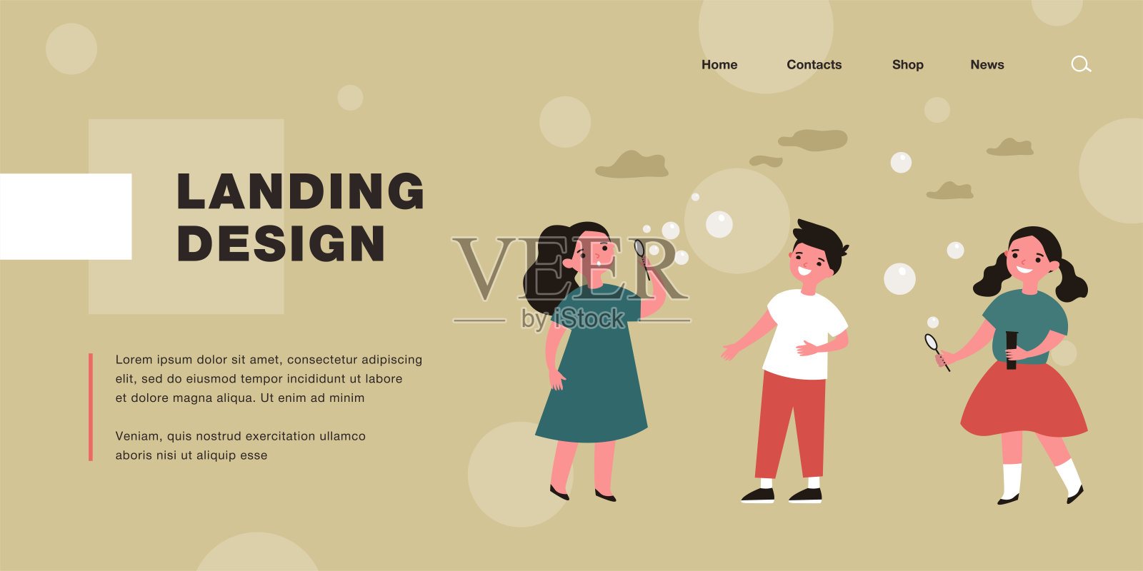 可爱的卡通孩子们一起在外面吹肥皂泡插画图片素材