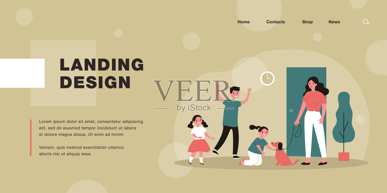 快乐的孩子们带着狗问候妈妈插画图片素材