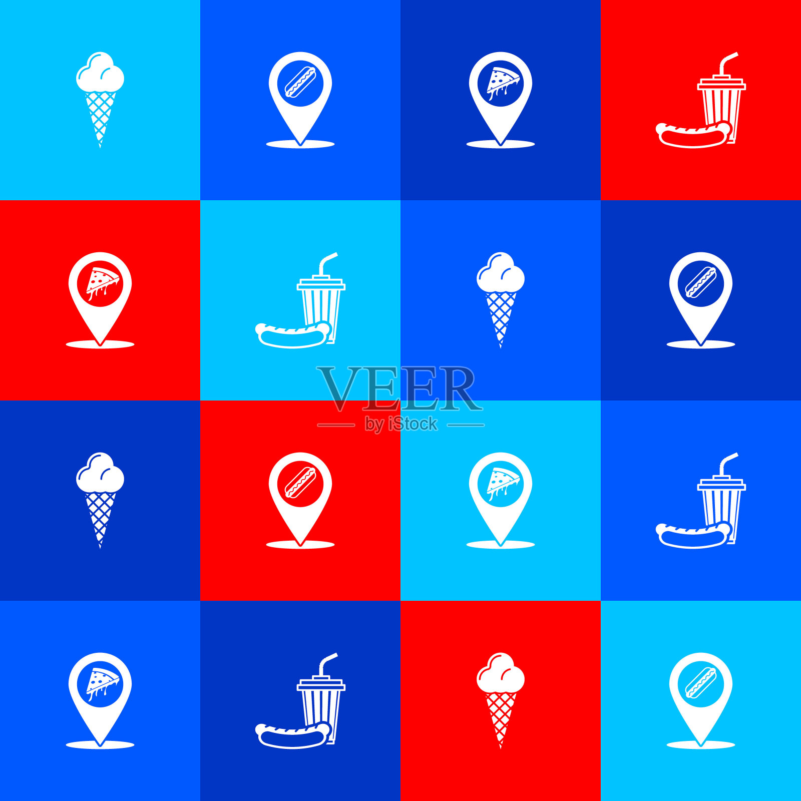 冰淇淋在华夫筒，位置与热狗，切片披萨和苏打和图标。向量设计元素图片