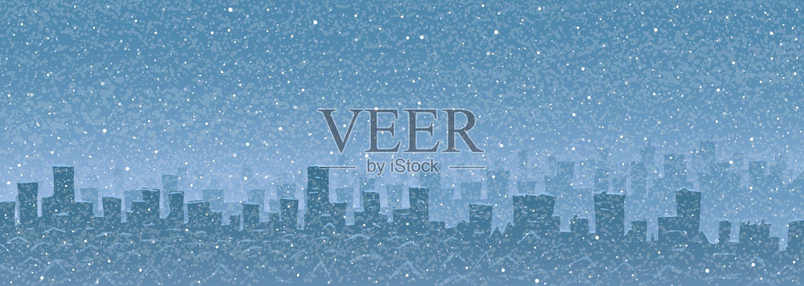 矢量卡通抽象降雪在冬季大城市摩天大楼插画图片素材