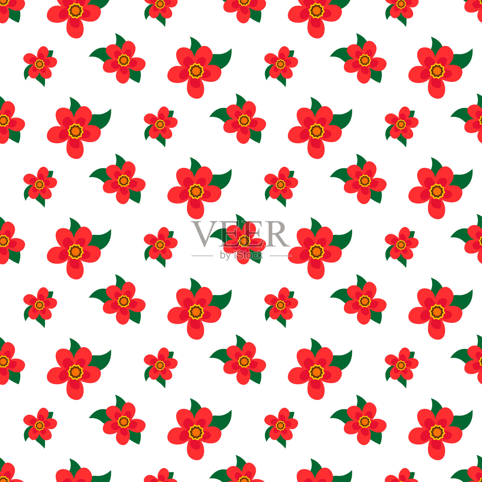 一种风格化的红花图案。矢量插图孤立在白色背景上。插画图片素材