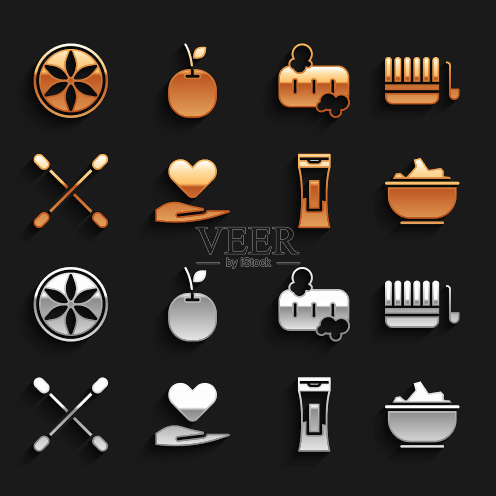 心放在手上，桑拿桶勺，海盐在碗里，洗发精瓶子，耳朵棉签，肥皂泡沫，植物叶子和苹果图标。向量图标素材