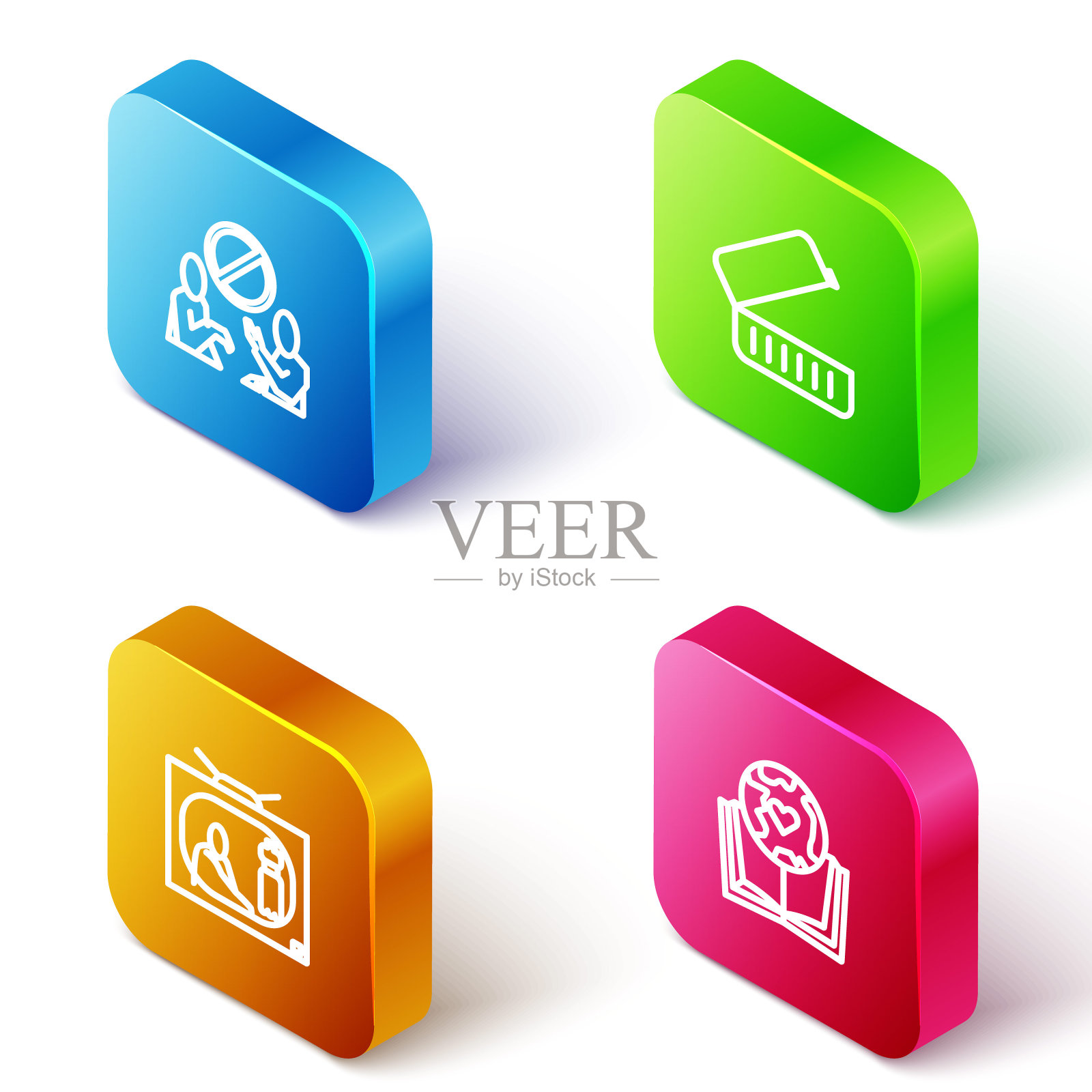 设置等距线停止塑料污染，午餐盒，地球仪和书的图标。向量图标素材