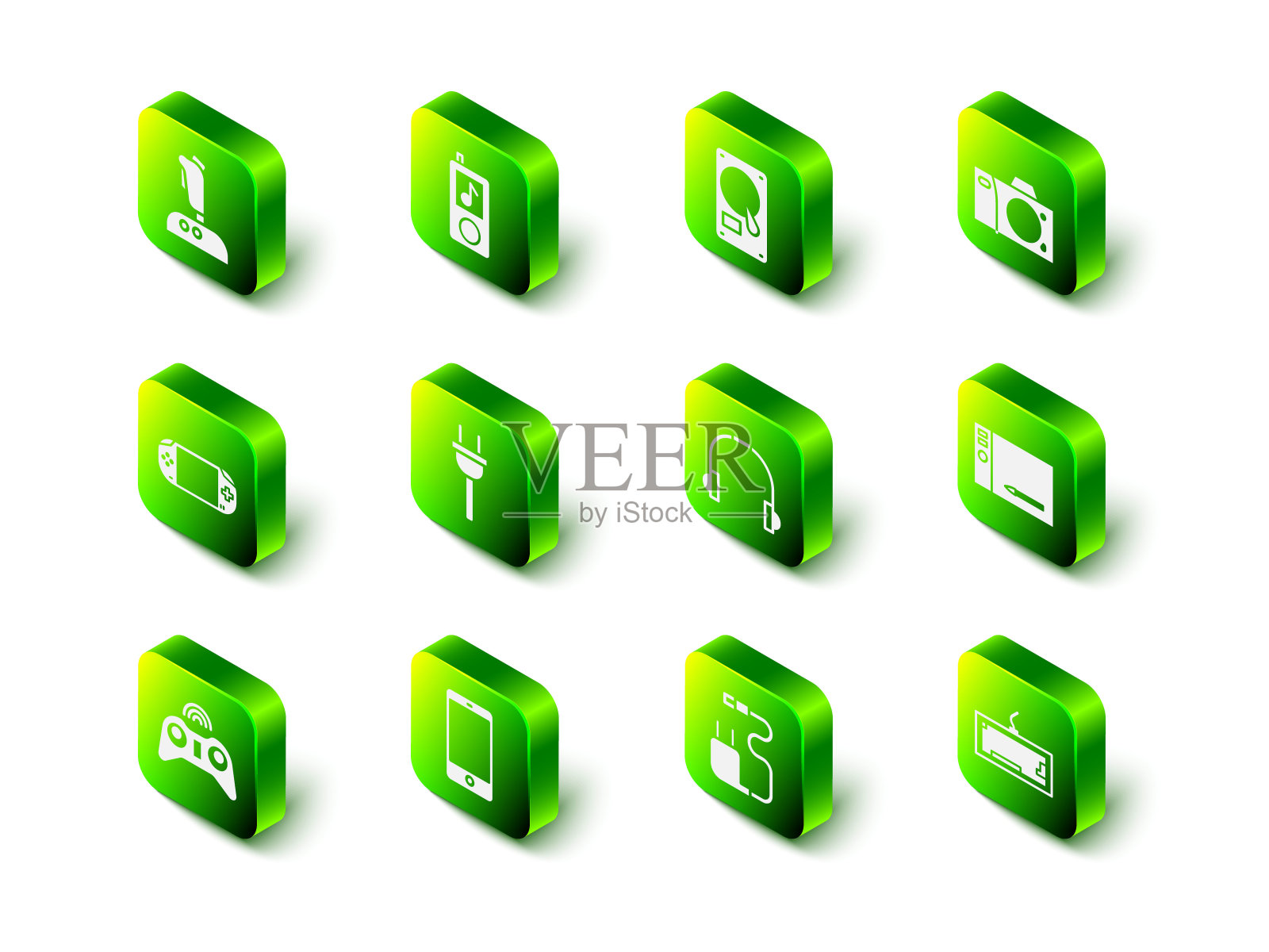 设置音乐播放器，硬盘驱动器HDD，照片相机，图形平板电脑，键盘，耳机，充电器和智能手机，移动图标。向量图标素材