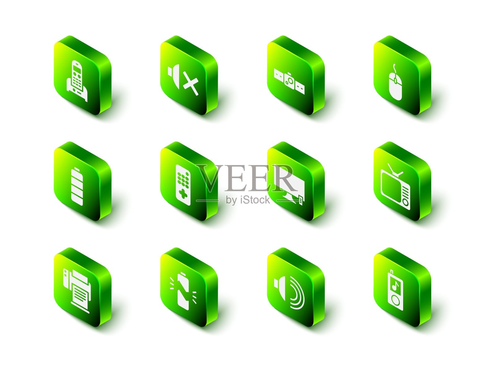 设置扬声器静音、智能手表、电脑鼠标、复古电视、音乐播放器、电视、音量和电池坏掉的图标。向量图标素材