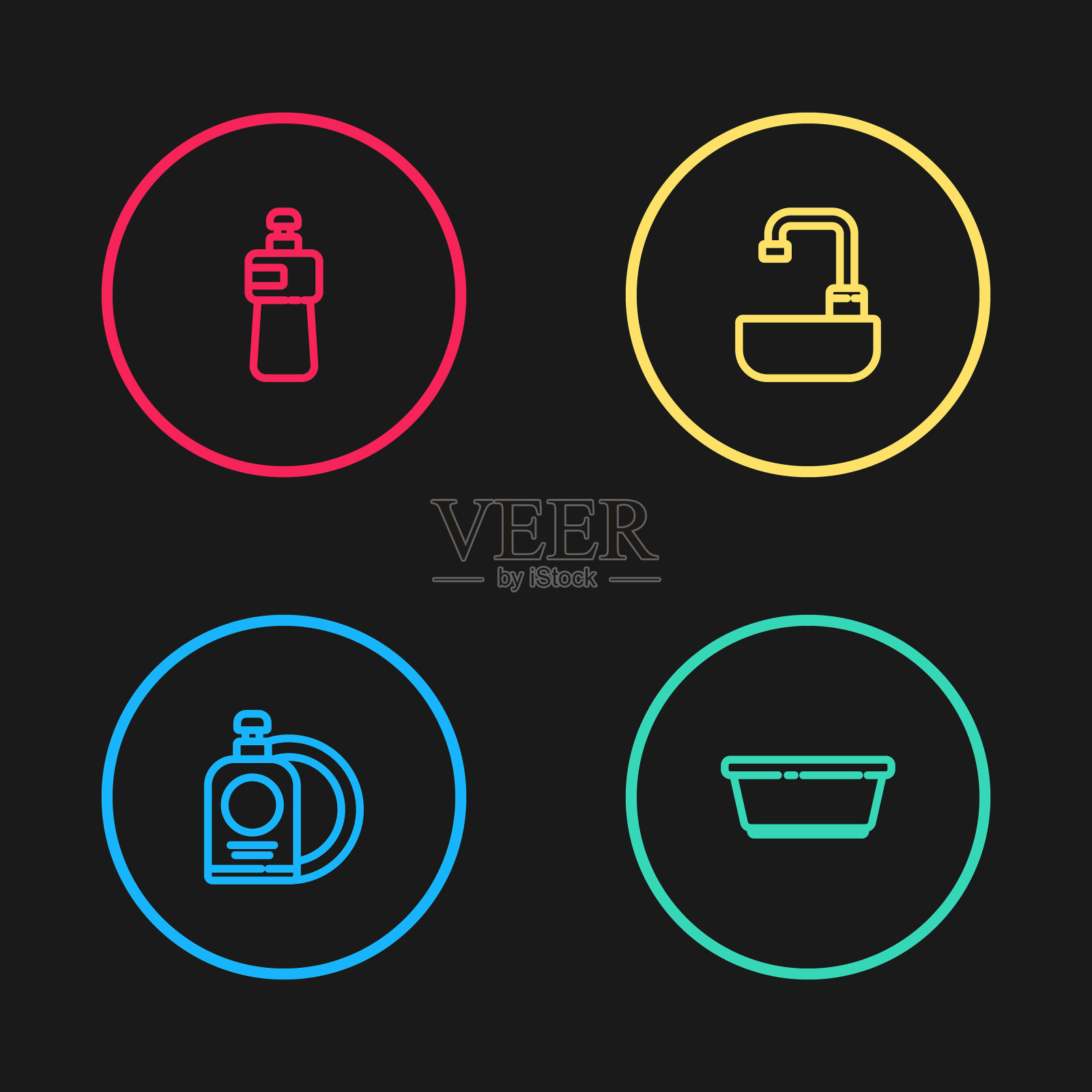 设有洗洁精瓶、盘、塑料盆、洗脸盆、水龙头及图标。向量图标素材