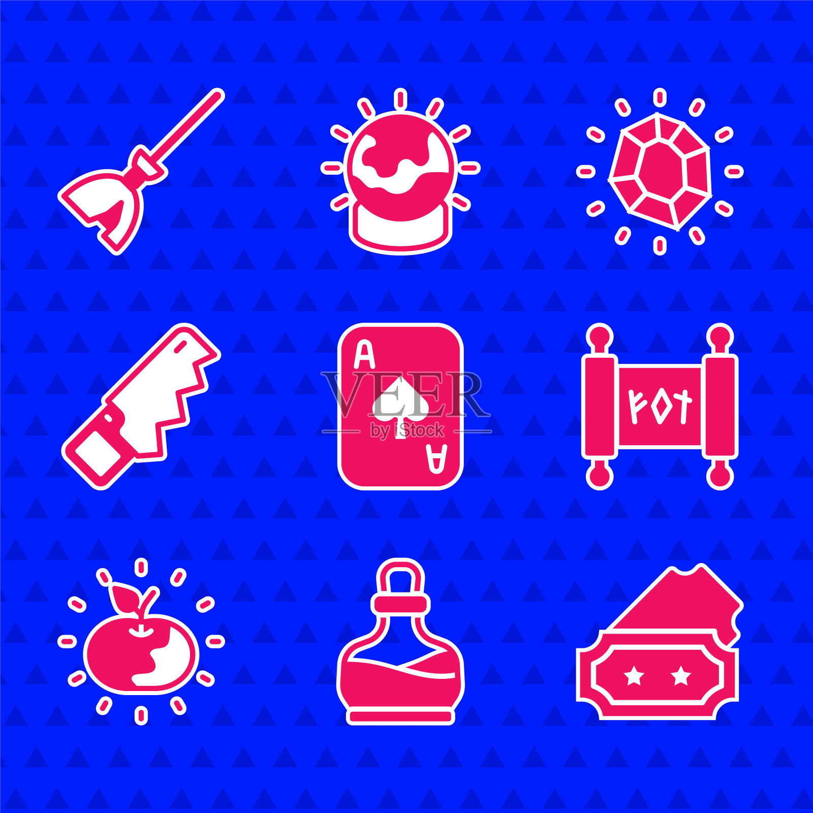 设置纸牌，瓶子与药水，票，魔术卷轴，毒苹果，手锯，石头和女巫扫帚图标。向量插画图片素材