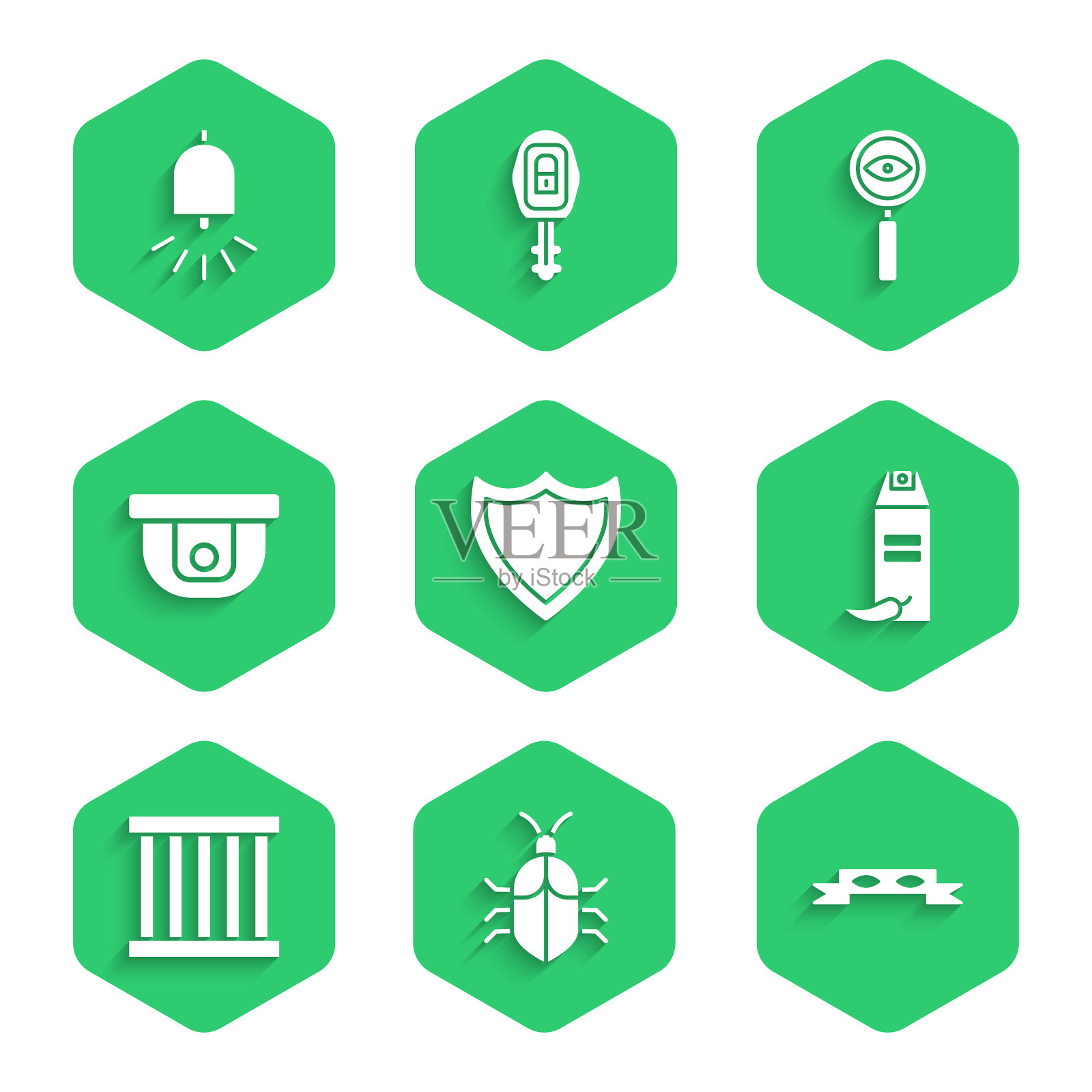 设置盾牌，系统bug概念，小偷眼罩，胡椒喷雾，监狱窗口，运动传感器，放大镜搜索和响警铃图标。向量图标素材