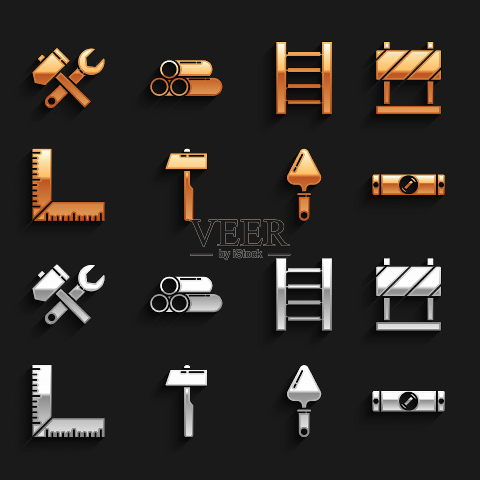 设置锤子，道路屏障，施工气泡水平，泥铲，角尺，木制楼梯，扳手扳手和工业金属管道图标。向量图标素材