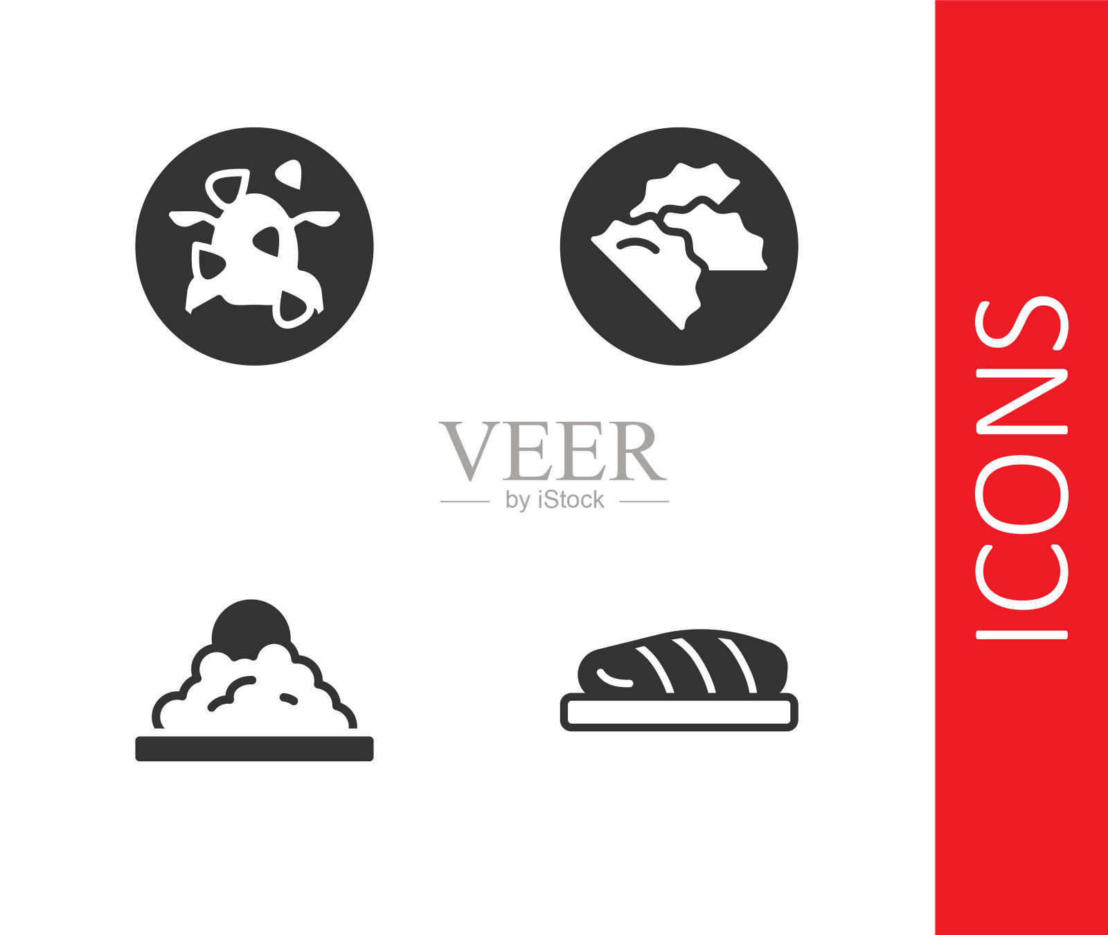 集鱼排、宫保鸡丁、碗饭、饺子图标于一身。向量图标素材