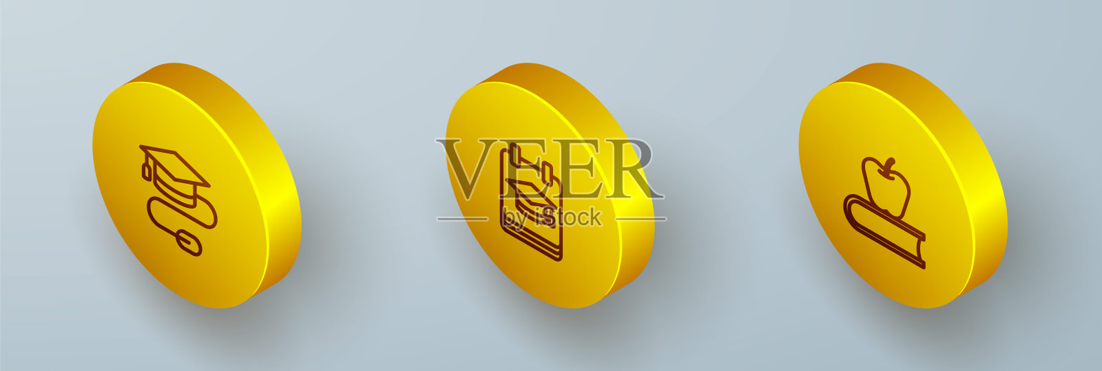 设置等距线毕业帽鼠标，在线教育和书苹果图标。向量图标素材