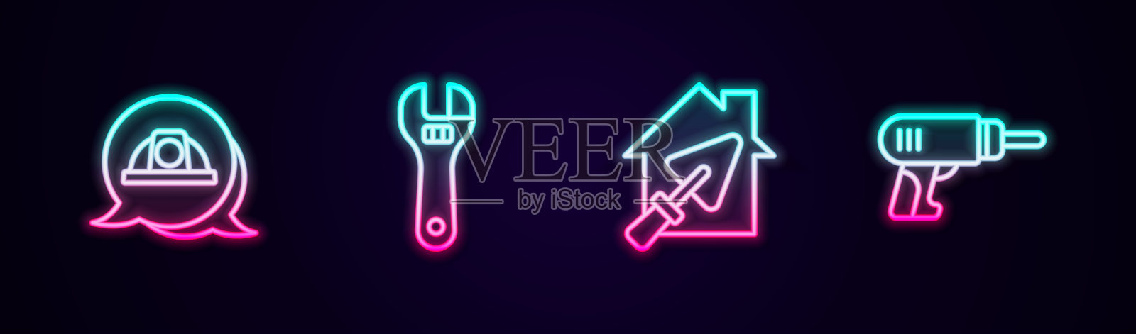 配备工人安全帽，活动扳手，房屋用镘刀和电钻。发光的霓虹灯图标。向量插画图片素材