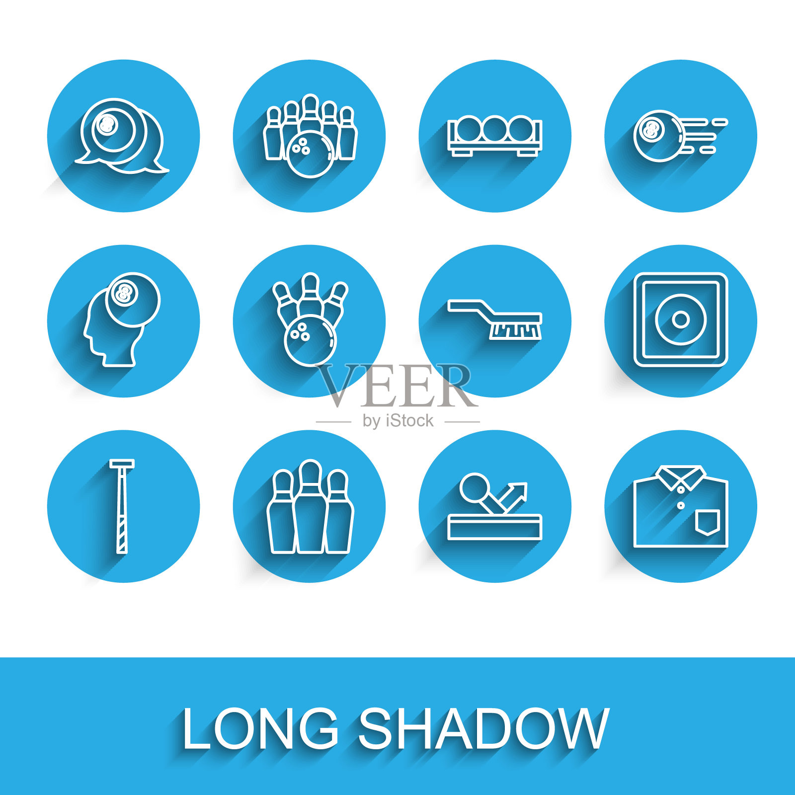 设置线台球杆，保龄球瓶，球，衬衫，和，粉笔和台球桌刷图标。向量插画图片素材