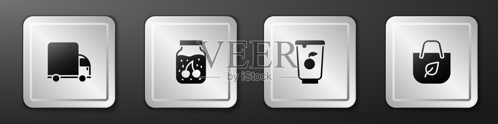 设置货运卡车，果酱罐，酸奶容器和购物袋与回收图标。银广场按钮。向量图标素材