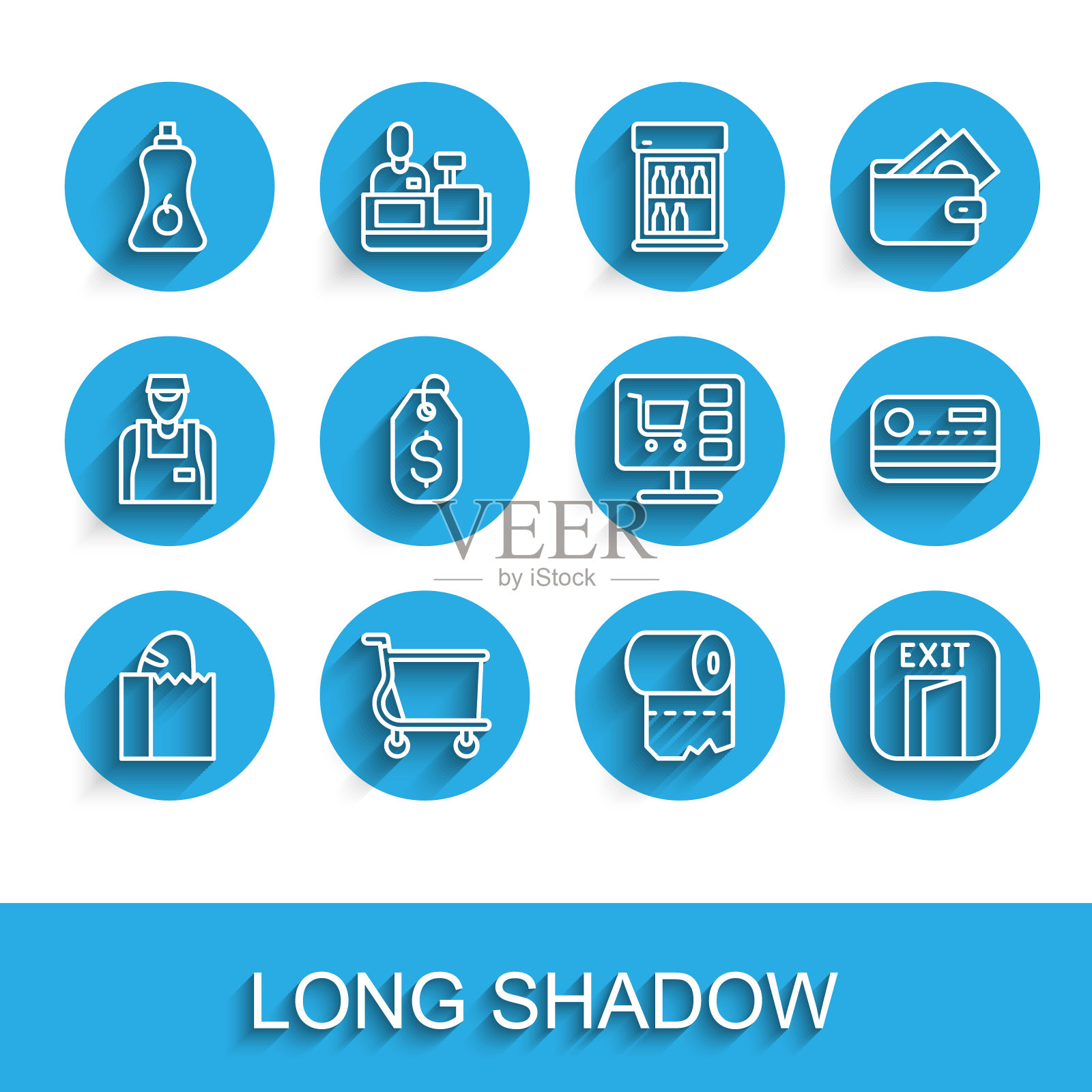 设置线纸袋面包面包，购物车，酱瓶，卫生纸卷，消防出口，价格标签美元，信用卡和电脑图标。向量插画图片素材