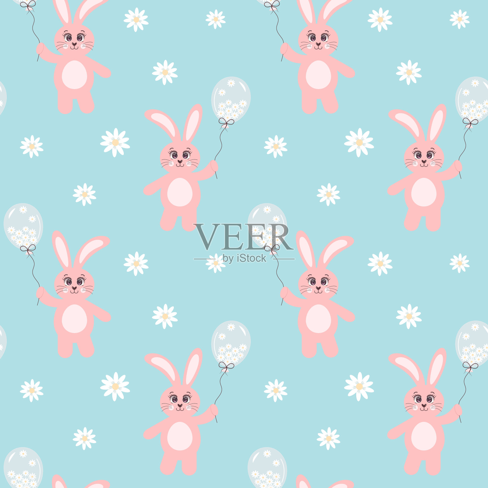 无缝图案与粉红色的兔子拿着一个气球充满了甘菊在蓝色的背景。插画图片素材