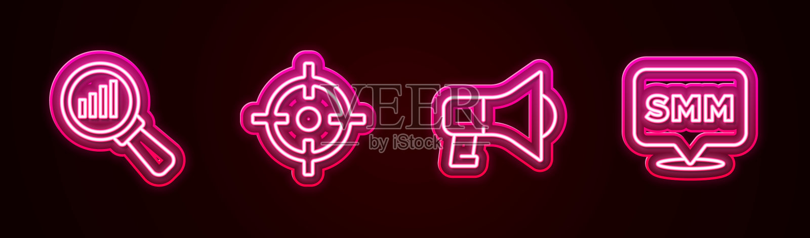 集线放大镜及分析，目标运动，扩音器及社交媒体营销。发光的霓虹灯图标。向量插画图片素材
