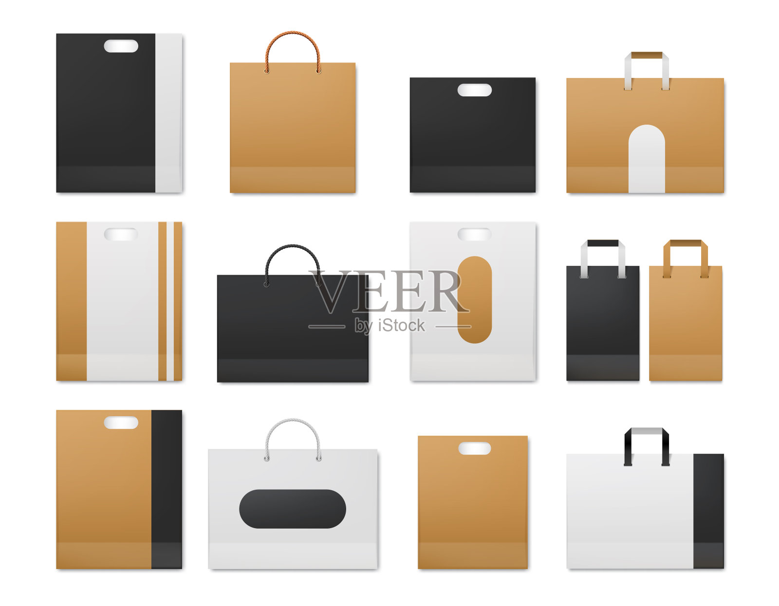 现实的购物牛皮纸，白色和黑色袋子设计模型。用绳柄存储包。超市纸板袋向量集插画图片素材