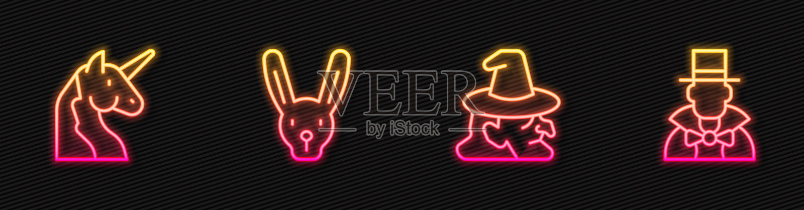 设定线女巫，独角兽，兔子耳朵和魔术师。发光的霓虹灯图标。向量插画图片素材