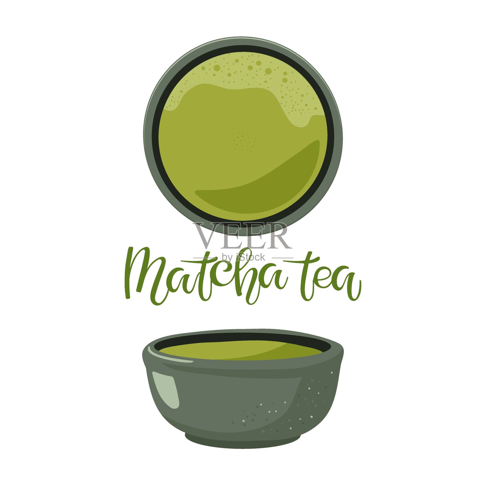 日本抹茶绿茶碗配日本传统饮料。茶杯及抹茶书法字体。杯子里的绿色液体。手工陶瓷碗，盛健康饮品。平面向量插图。插画图片素材