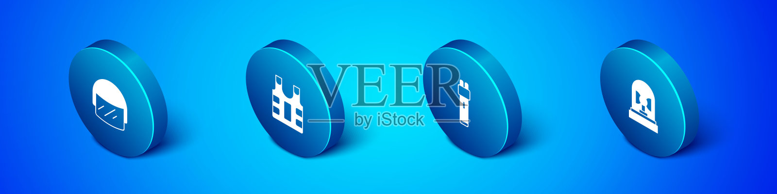 设置等距警察头盔，电击器，闪光警报器和防弹背心图标。向量图标素材