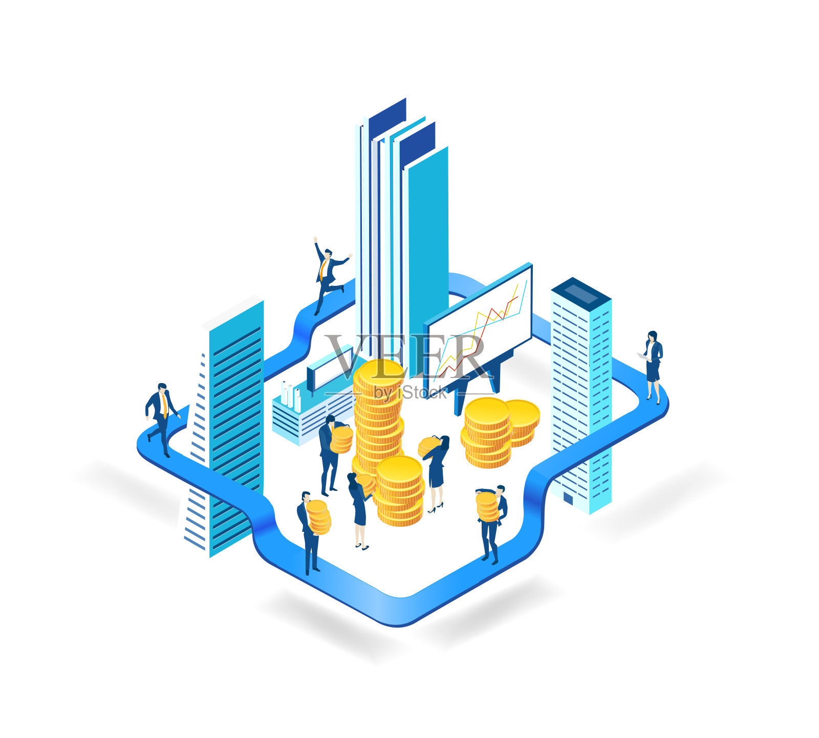 商业人士挖掘加密货币。加密货币概念矿工和硬币，采矿设备，创建区块链。数字货币，比特币，eperium，新金融插画图片素材