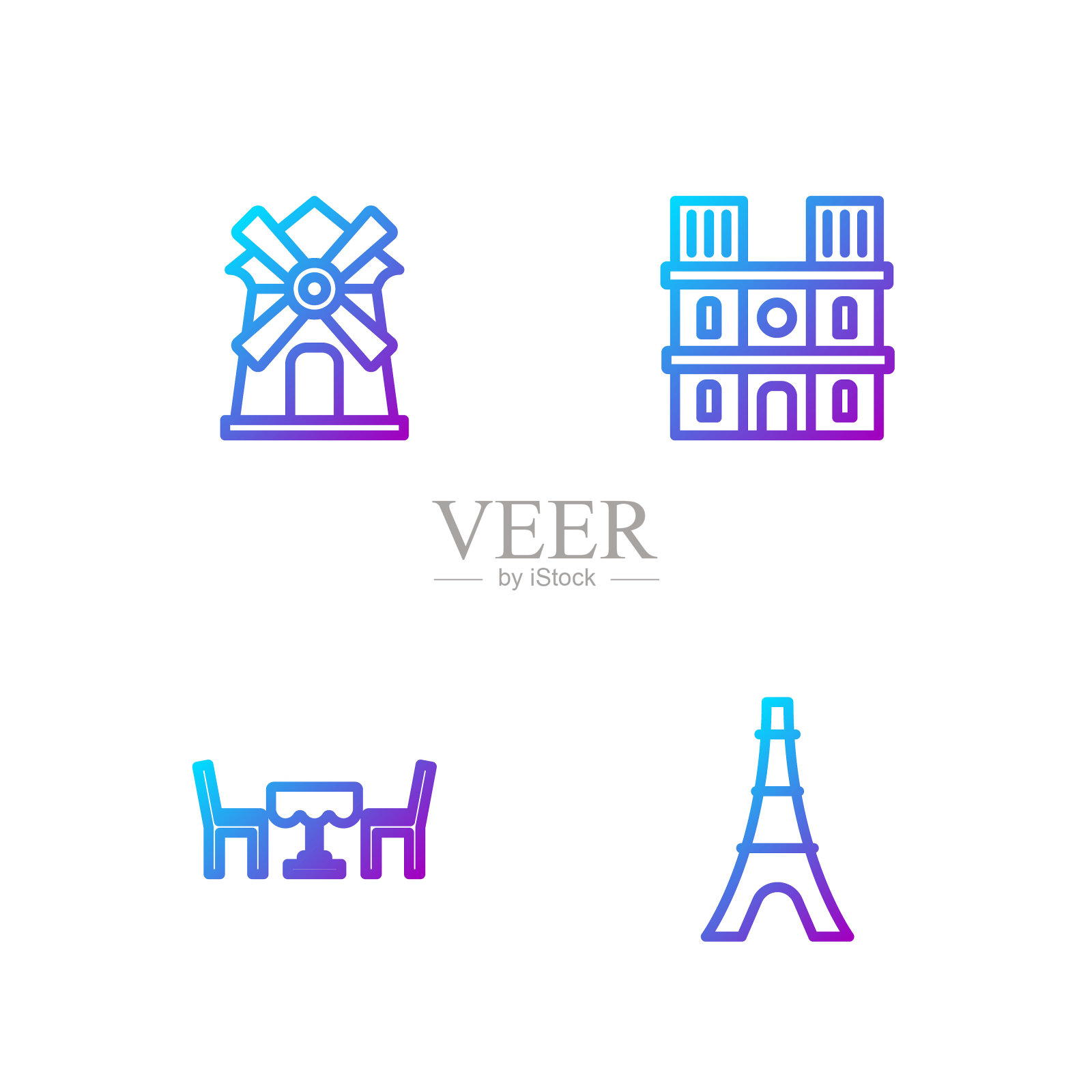 集埃菲尔铁塔、法式咖啡馆、风车和巴黎圣母院于一体。渐变颜色图标。向量图标素材