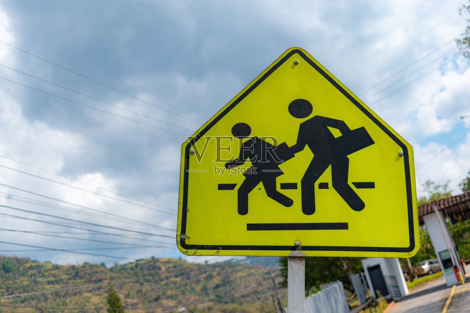 学生在路上的交通标志照片摄影图片