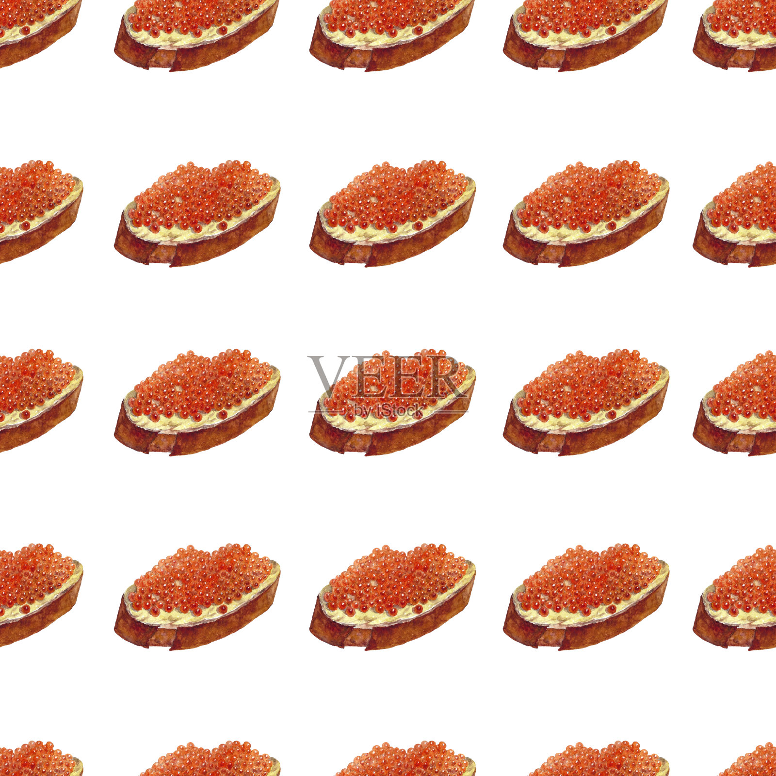 水彩无缝图案三明治与红色鱼子酱在白色背景插画图片素材
