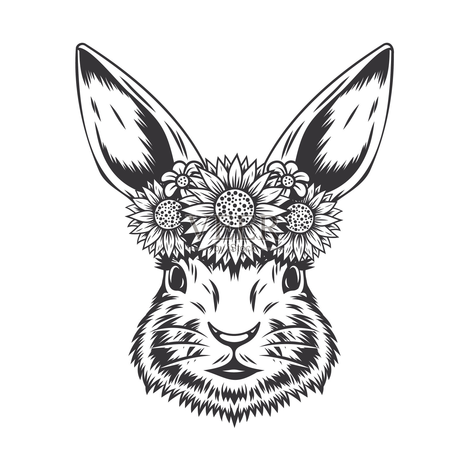 兔兔淑女花线艺术。古董。为复活节事件打印设计矢量插图。设计元素图片