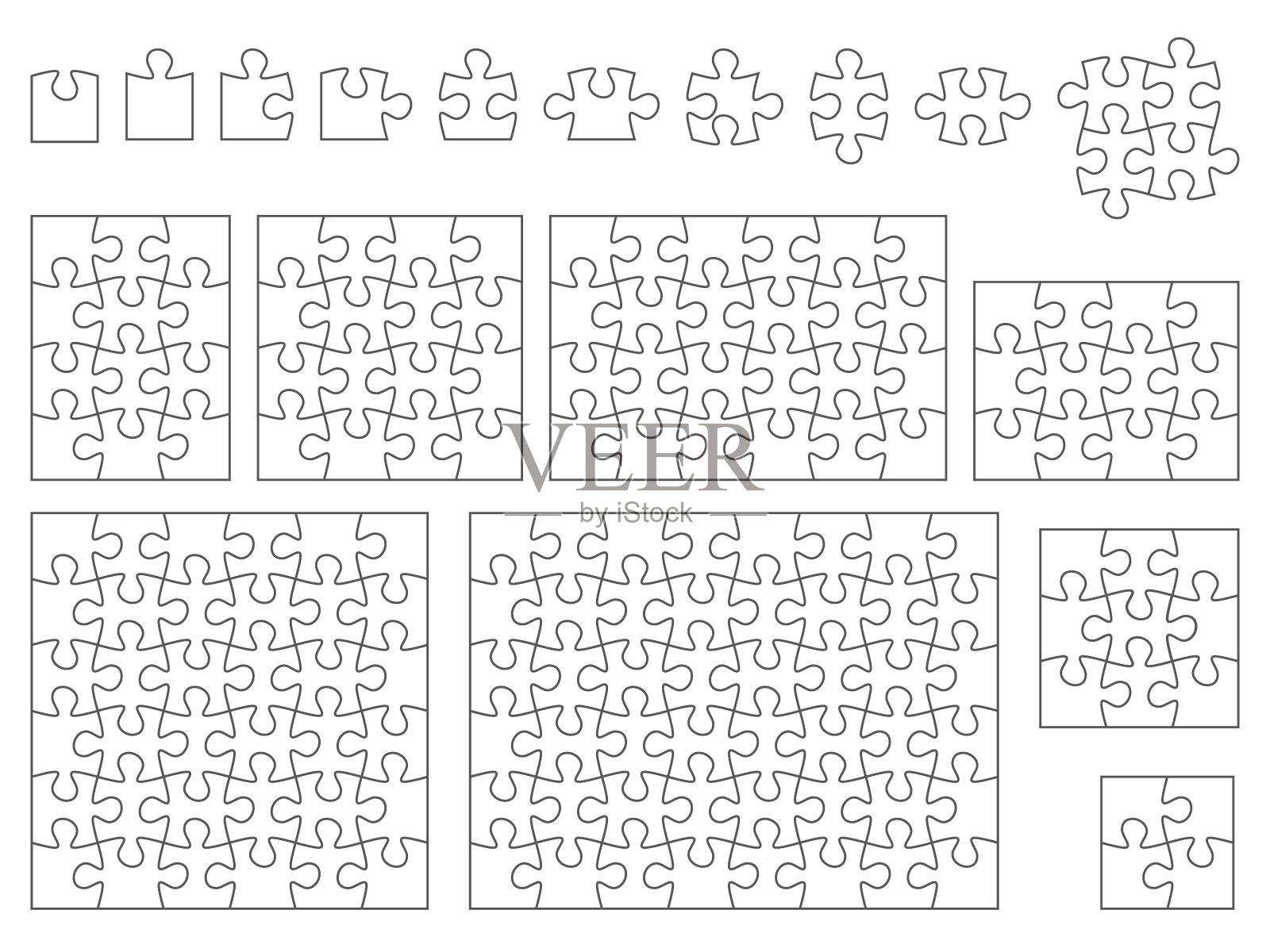 拼图方块。空白表游戏。组装图。孤立的或相连的马赛克碎片。组成元素的个数不同。轮廓简单的风格。矢量拼图零件集插画图片素材