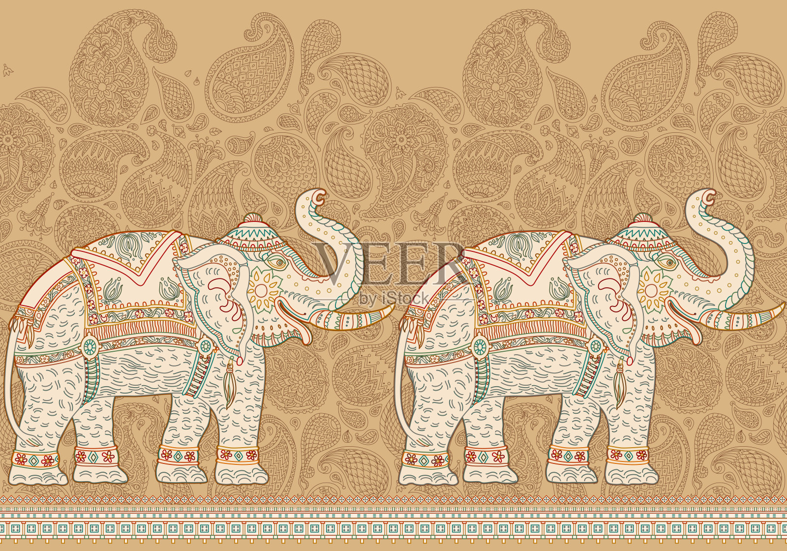 向量无缝边界模式华丽的印度大象，棕色佩斯利装饰在米色的背景。成人及儿童涂色本插画图片素材