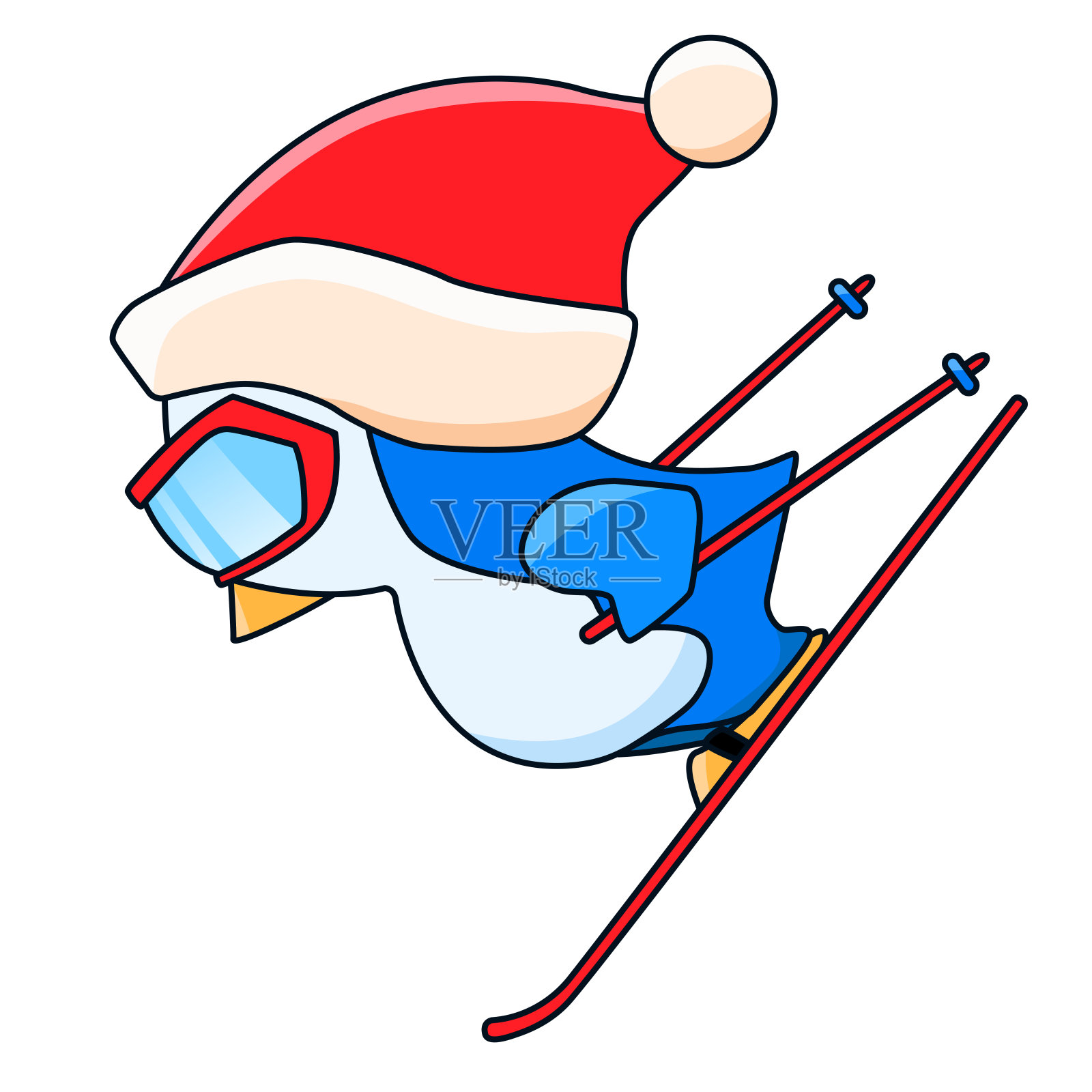 企鹅戴着滑雪面罩和帽子在滑雪。插画图片素材