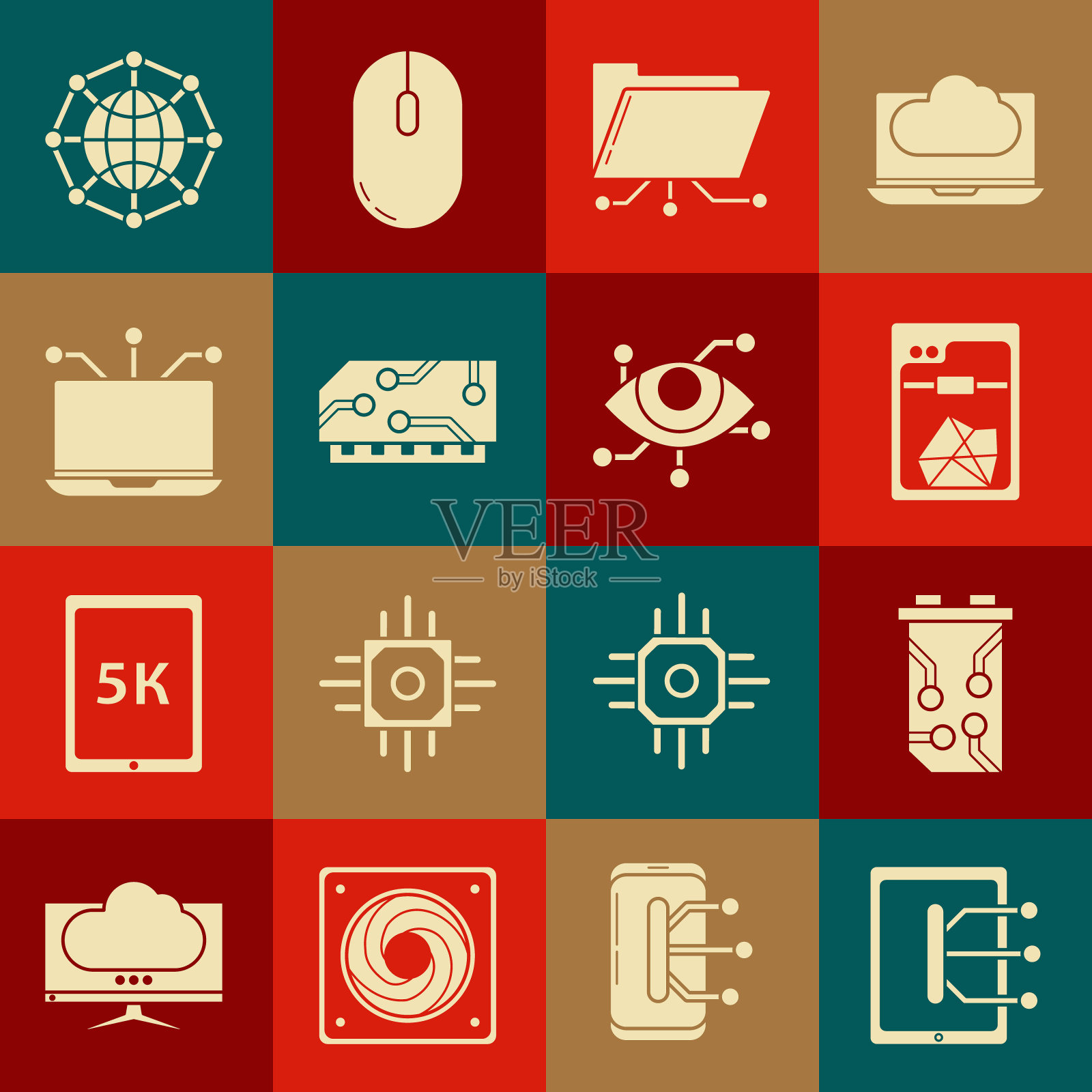 设置平板电脑、显卡、3D打印机、文件夹和锁、RAM、随机存取存储器、笔记本电脑、全球科技社交网络和虚拟现实图标。向量图标素材