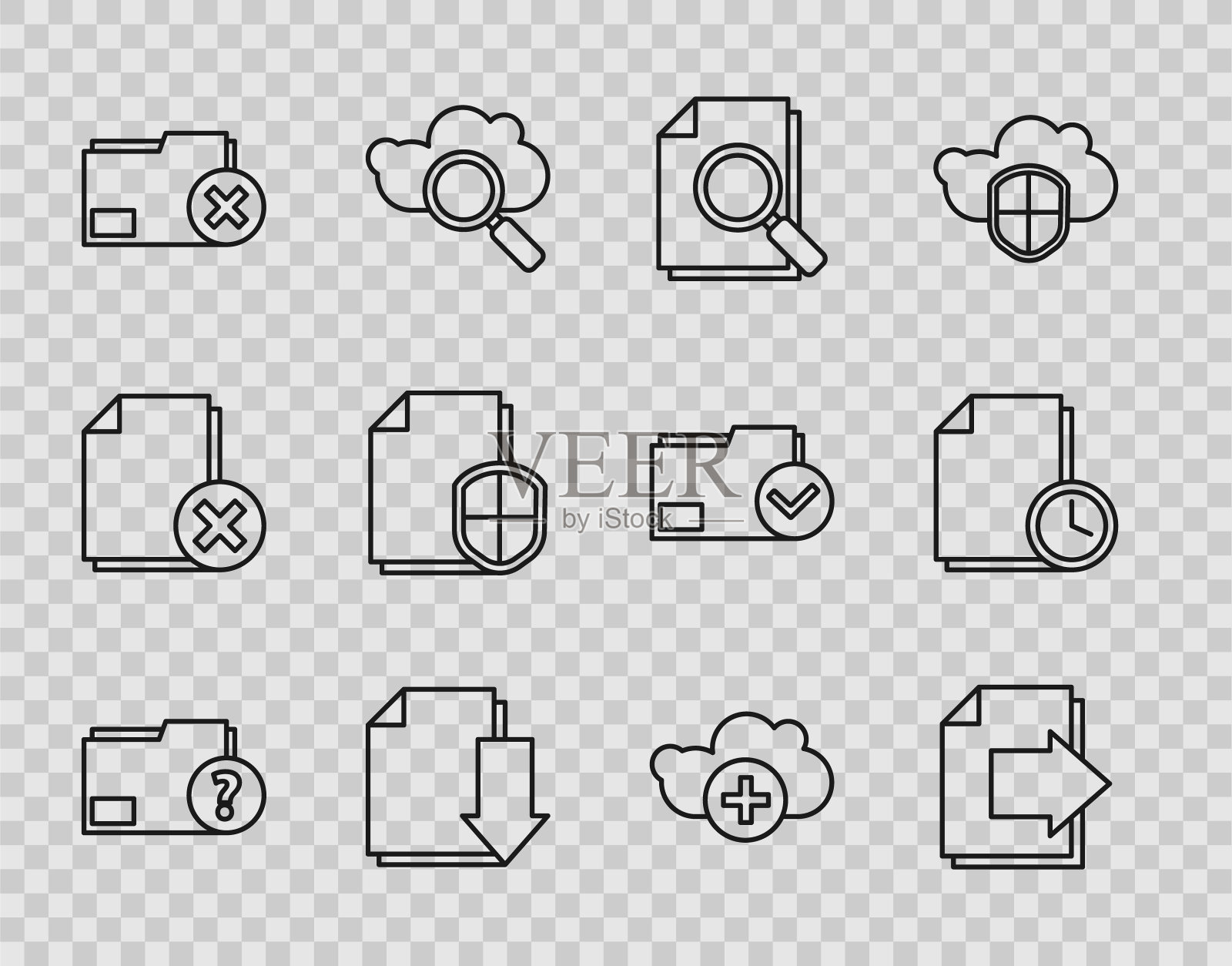 设置行未知文档文件夹，下一页箭头，文档搜索，下载，删除，保护概念，添加云和时钟图标。向量图标素材