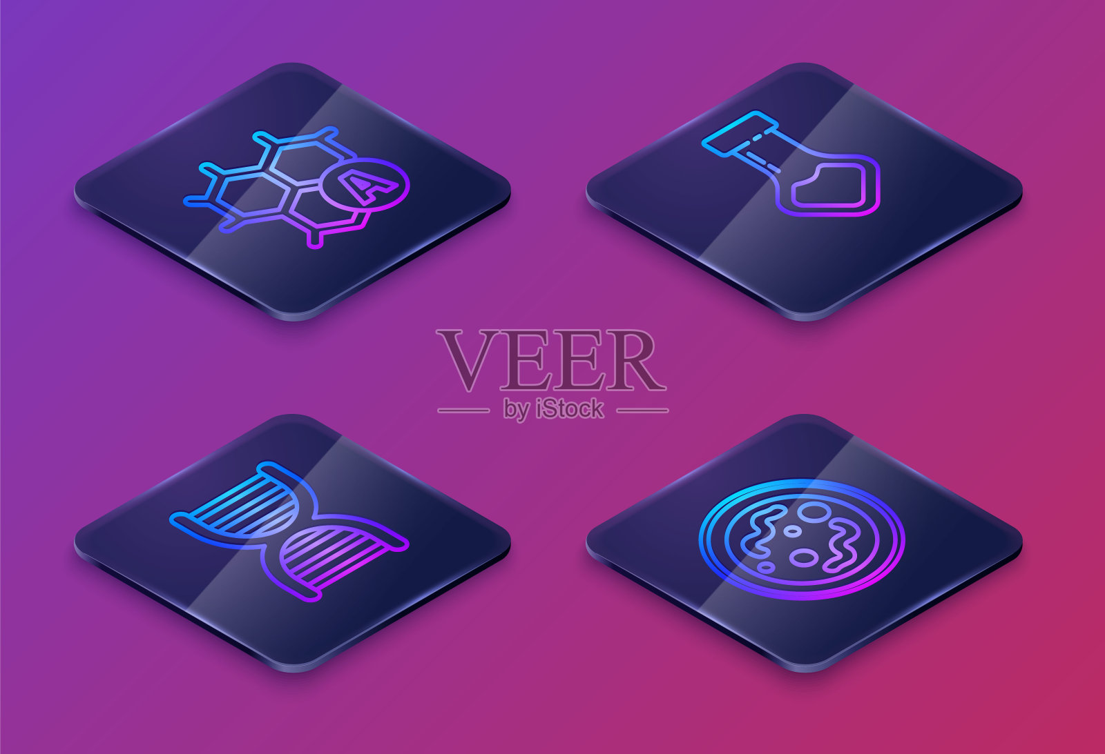 设置等距线化学公式，DNA符号，试管和烧瓶化学和细菌。蓝色方块按钮。向量图标素材