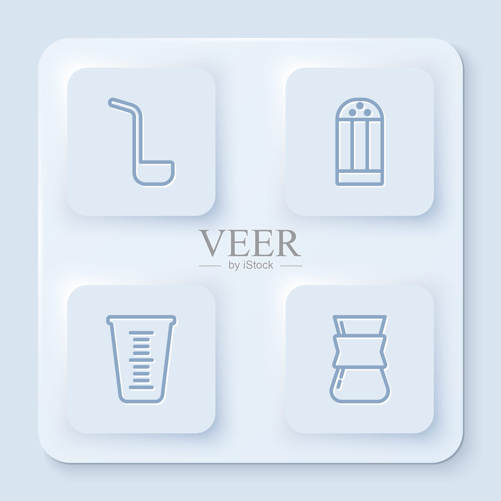 成套厨房勺，盐，量杯，咖啡壶。白色正方形按钮。向量图标素材