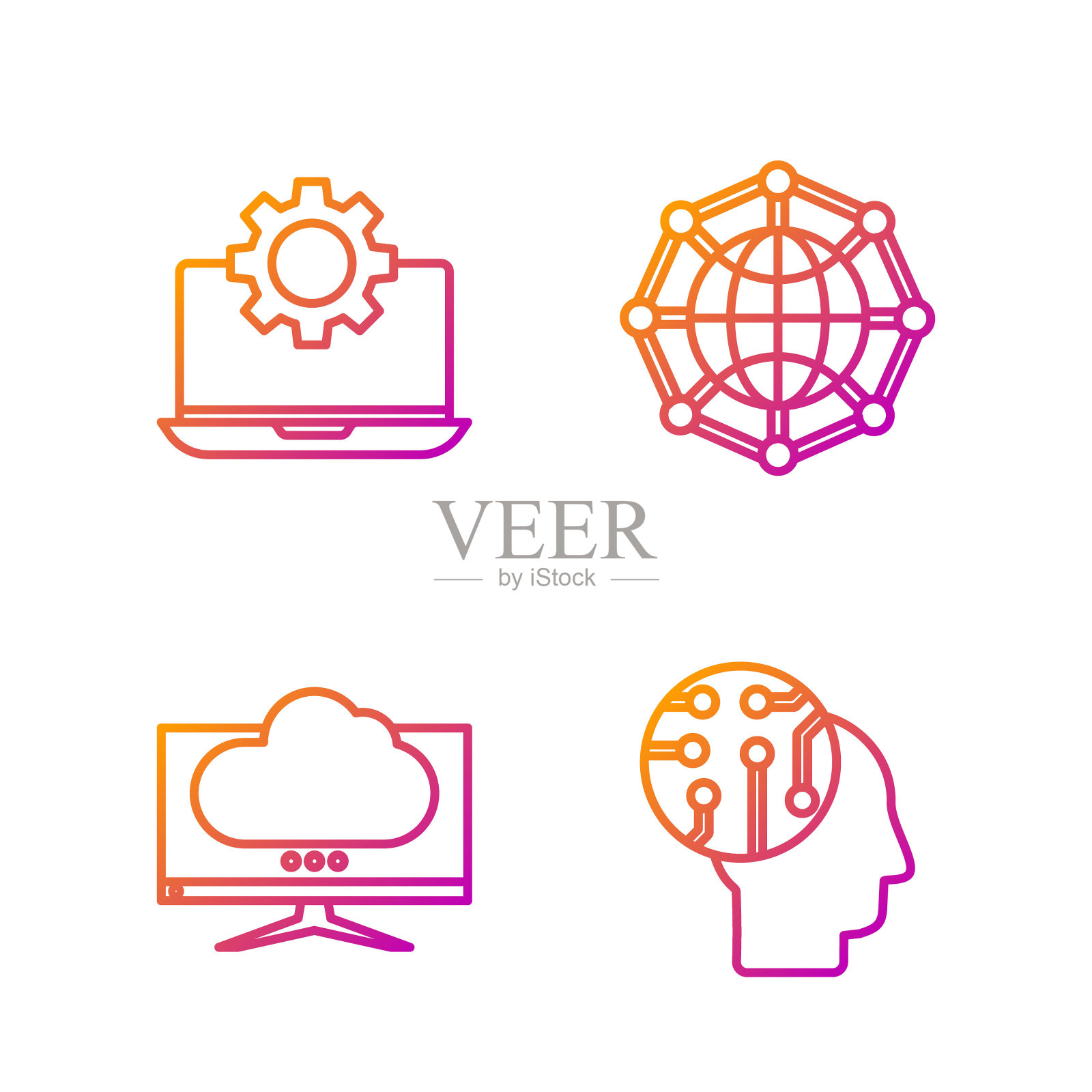 集人脑为数码线路板、电脑显示器、笔记本电脑及设备、全球科技或社交网络为一体。渐变颜色图标。向量图标素材