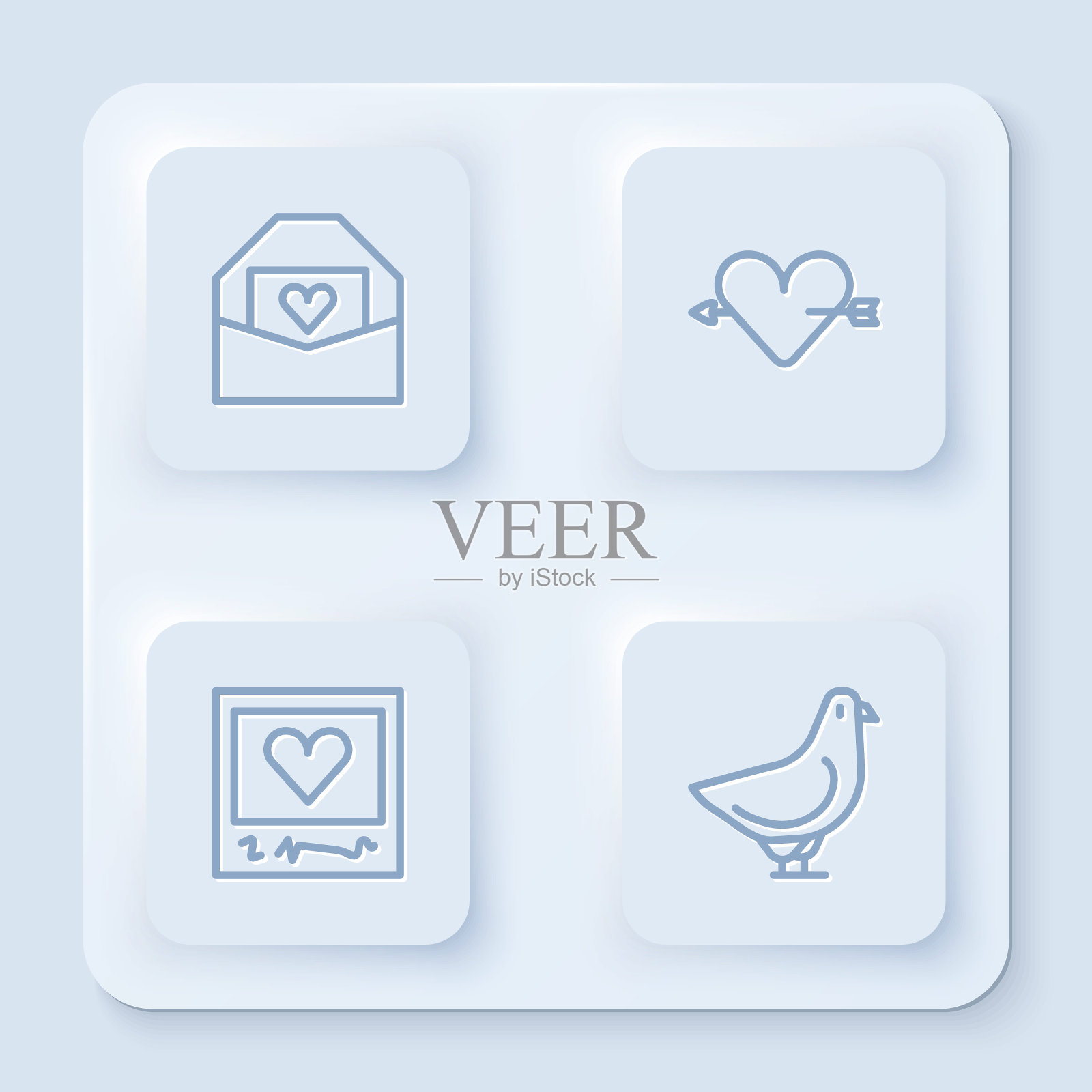 集线信封与情人节心，爱情和箭，相框心和鸽子。白色正方形按钮。向量图标素材