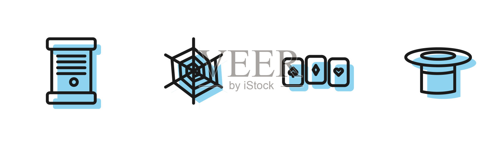 设置线打牌，法令，纸，羊皮纸，卷轴，蜘蛛网和魔术师的帽子图标。向量插画图片素材