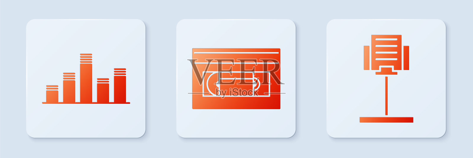 设置VHS录像带，音乐均衡器和音乐架。白色正方形按钮。向量插画图片素材