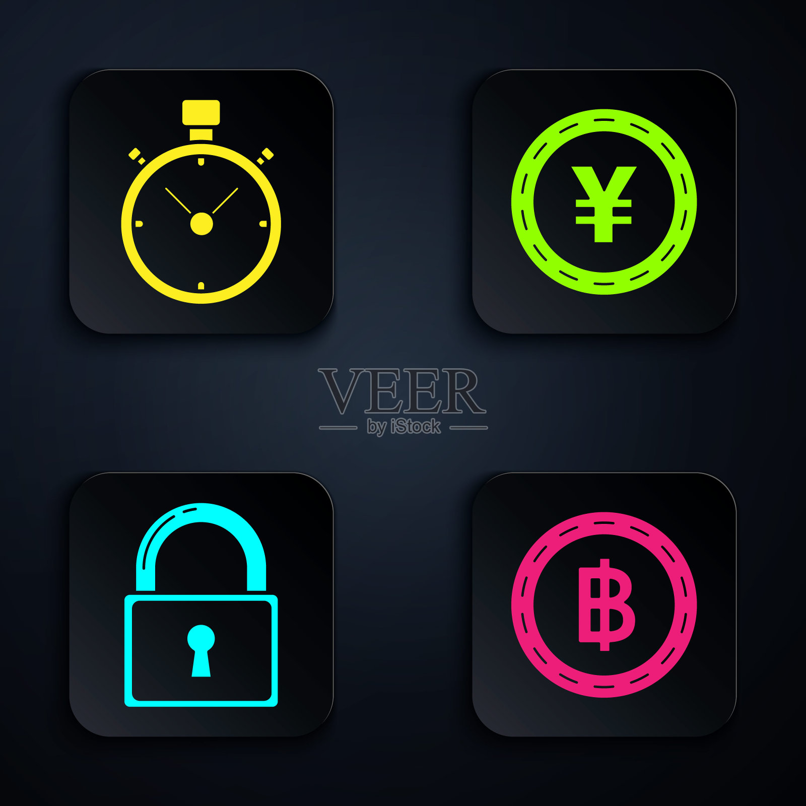 设置加密货币比特币，秒表，锁和硬币与日元符号。黑色方形按钮。向量图标素材