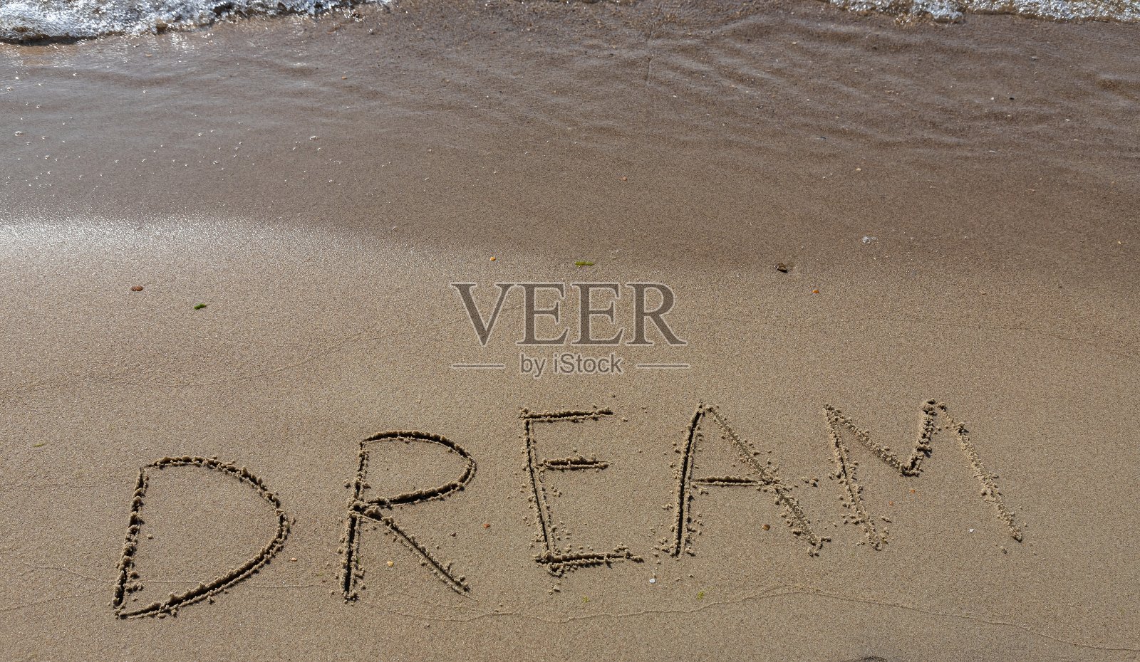 铭文写着“梦在海岸线的沙滩上”照片摄影图片