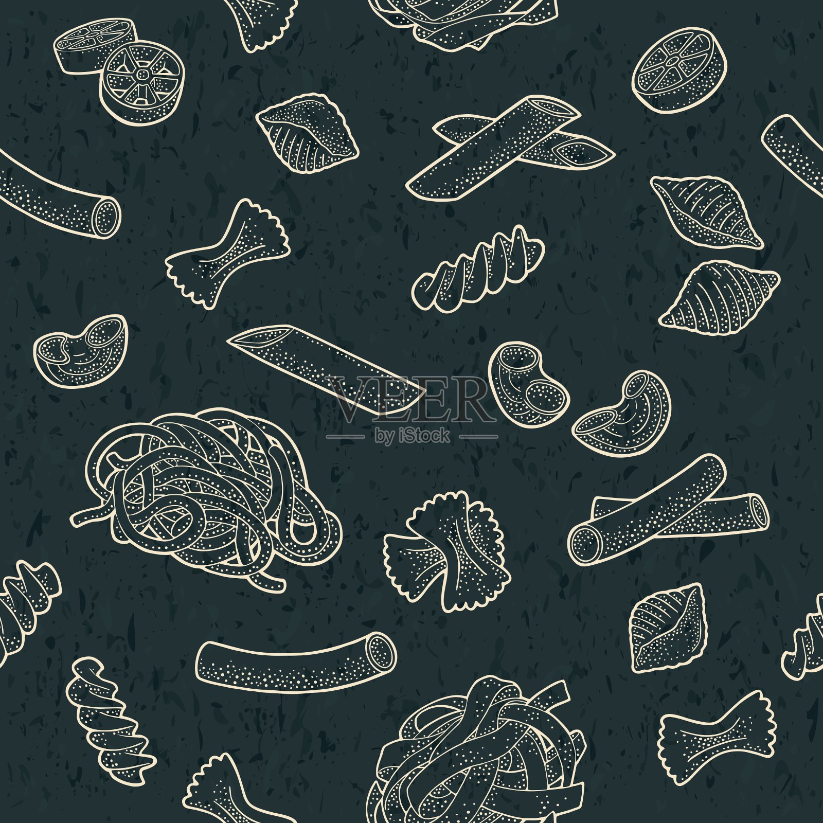 无缝模式设置与不同类型的意大利面。向量的雕刻插画图片素材