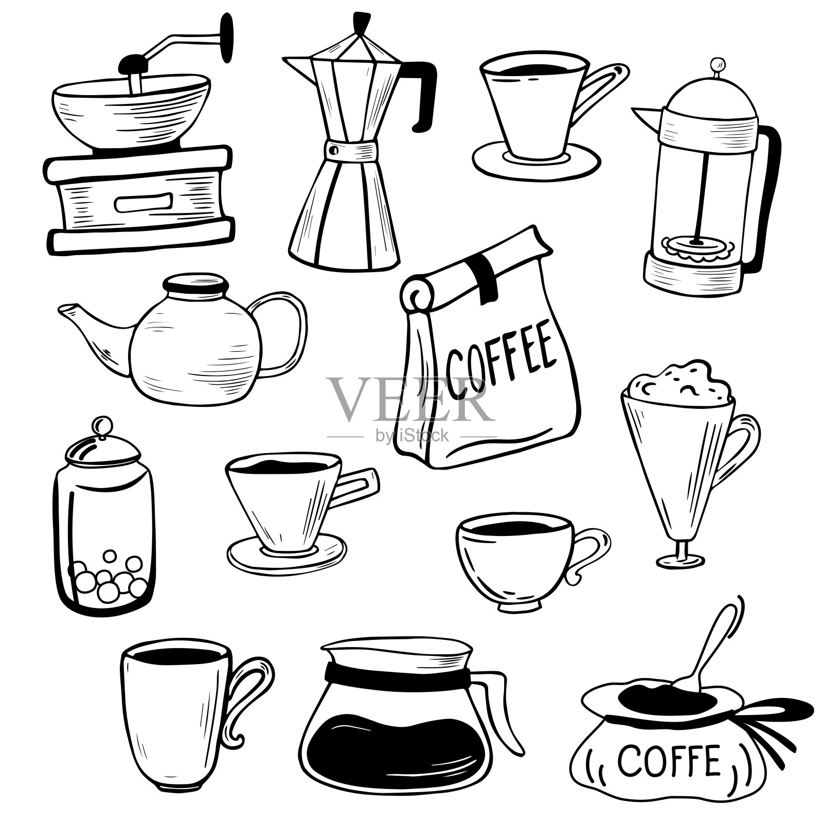 咖啡集合。咖啡机，间歇泉，法式压滤机，咖啡研磨机，不同的杯子。可爱的涂鸦卡通咖啡馆图标。矢量涂鸦草图手绘插图。插画图片素材
