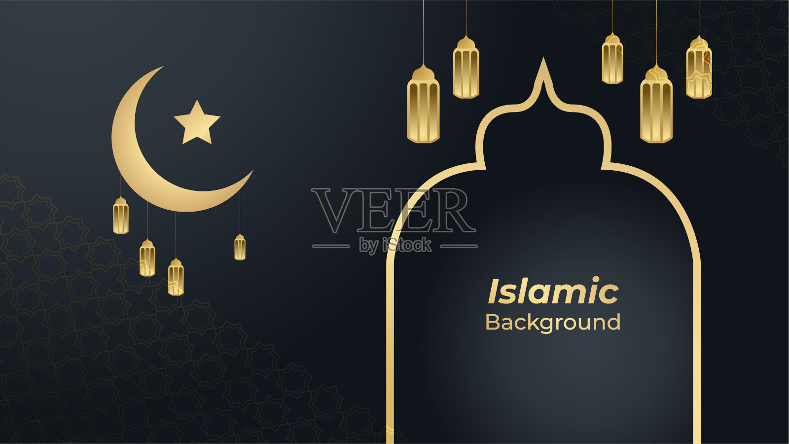 清真寺框架黑色金色图案伊斯兰设计背景。斋月Kareem背景插画图片素材