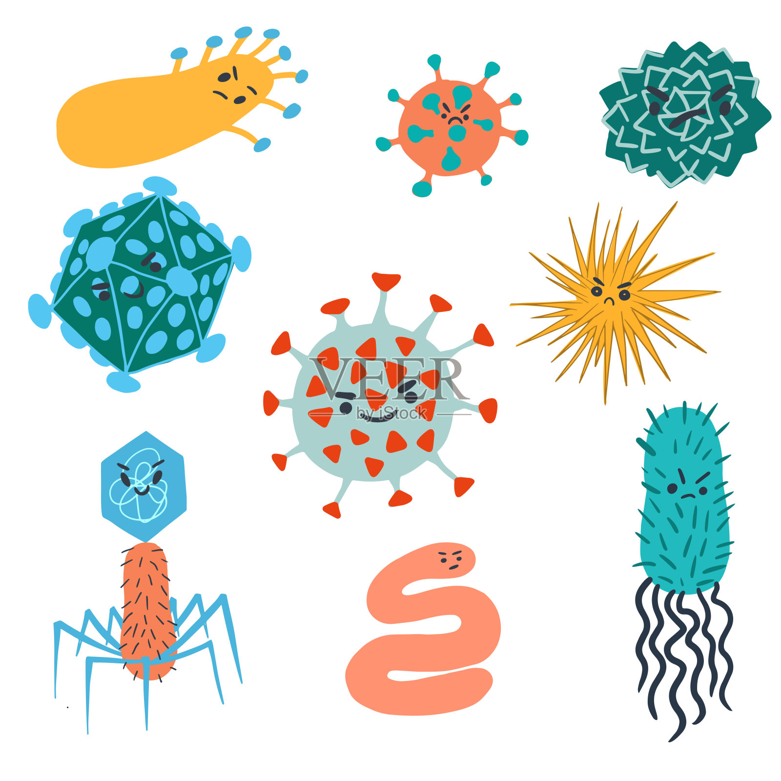 卡通可爱的细菌，细菌和病毒收集。人物微笑恶。卡通微生物组。噬菌体、流感病毒分离平面载体图。冠状病毒插画图片素材