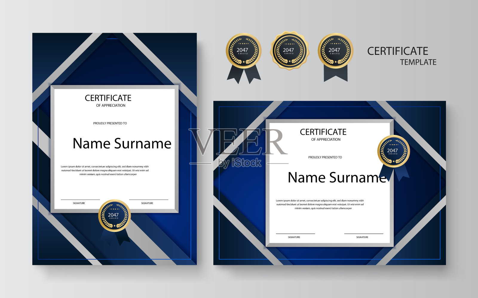 现代优雅的蓝色和金色文凭证书设计模板素材