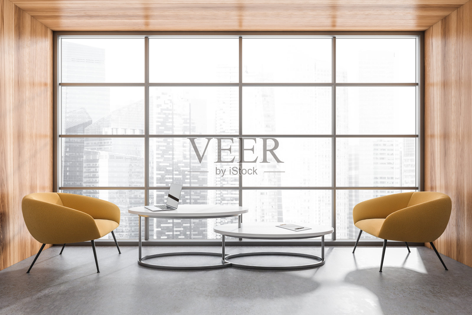 明亮的办公室内部，带有新加坡城市全景窗户照片摄影图片